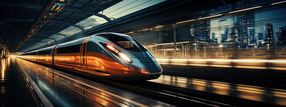 futuristic cityscape with a high-speed train passing through a modern train station, cinematic light at night, fast moving train in panoramic banner, 