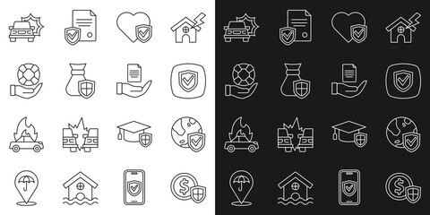 Set line Money with shield, Shield world globe, Life insurance, bag, Lifebuoy hand, Car accident and Contract icon. Vector