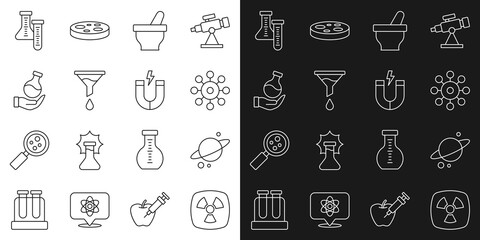 Set line Radioactive, Planet Saturn, Virus, Mortar and pestle, Funnel filter, Test tube, and Magnet icon. Vector