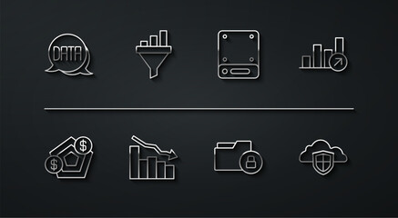 Set line Data analysis, Financial growth, Folder and lock, decrease, Sales funnel with chart, Cloud shield and Server icon. Vector