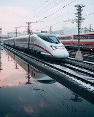 Fototapeta premium sleek locomotive speeding along railway tracks against a backdrop of towering power lines