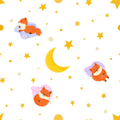 Seamless pattern with cute red sleeping foxes with moon and stars. Kids print background.