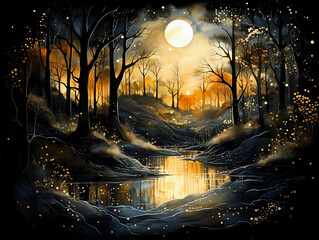night landscape with moon, gold magical forest