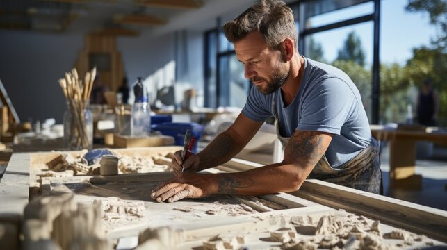 A middle-aged carpenter marks a product and prepares it for processing. Caucasian furniture designer is engaged in creative work in a loft studio. A young handsome craftsman works in a cozy workshop.