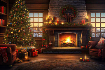 A Cozy Living Room Adorned with a Warm Fireplace and a Decorated Tree with Christmas Lights  - obrazy, fototapety, plakaty