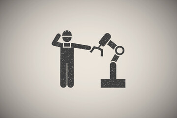 Man, engineer, industry, worker, robot icon vector illustration in stamp style