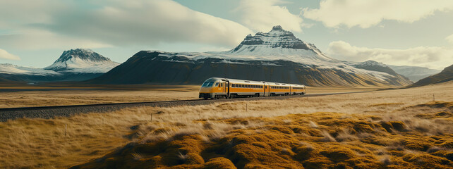 impressive landscape of a mountain with a yellow train, large panorama of a scenic railway journey through breathtaking mountainous terrain