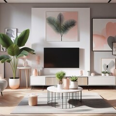 Modern living room design. TV panel and paintings on the wall. Comfortable and modern furniture. Stylish image of living space.