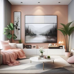 Modern living room design. TV panel and paintings on the wall. Comfortable and modern furniture. Stylish image of living space.