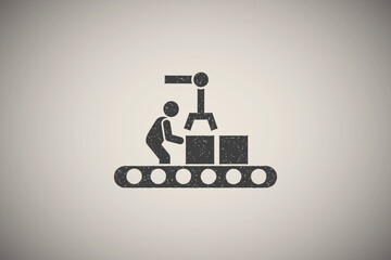 Container, shipping, man, machinery, automation icon vector illustration in stamp style