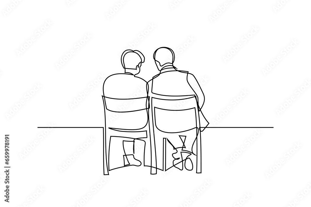 Wall mural people sitting and talking in continuous line art drawing style. back view of two senior people sitt - Wall murals