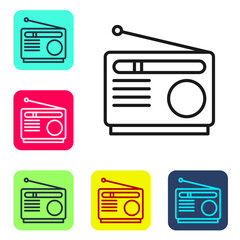 Black line Radio with antenna icon isolated on white background. Set icons in color square buttons. Vector