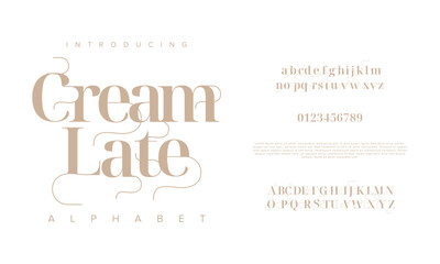 Creamlate premium luxury elegant alphabet letters and numbers. Elegant wedding typography classic serif font decorative vintage retro. Creative vector illustration