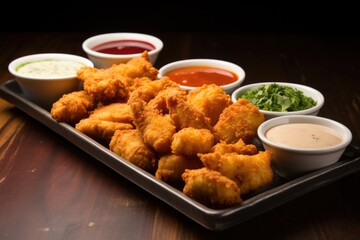 nuggets shown with a variety of dipping sauces