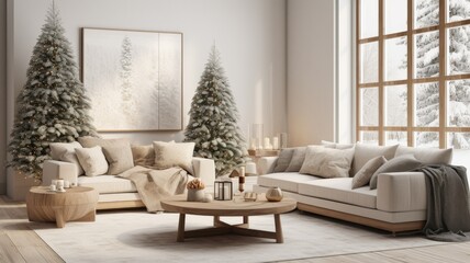 a chic living room decorated with Scandinavian-inspired Christmas decor. clean lines, neutral colors, and natural elements like wooden ornaments and greenery.