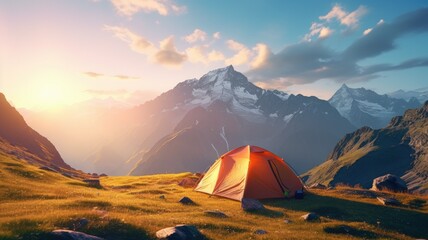 a warmly lit tent amidst the rugged mountain landscape. the sense of adventure and solitude that comes with camping in the wilderness.