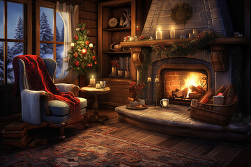 Cozy Winter Scene by a Fireplace - obrazy, fototapety, plakaty