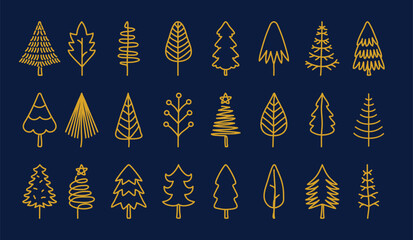 Set of vector abstract Christmas trees. Gold vintage hand-drawn collection