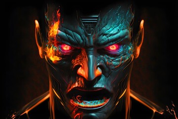 headshot of humanlike robot angry expression black backdrop dramatic lighting colorful stylized glitch 