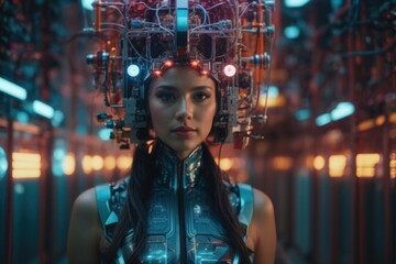 Obraz premium Women and AI core processing concepts. Humans and future machine brains.
