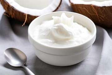 Fototapeta na wymiar coconut yogurt in a white bowl with a silver spoon