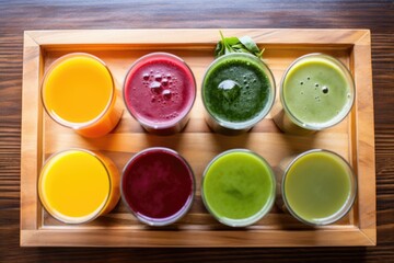 an overhead shot of multiple cold-pressed juices on a wooden tray