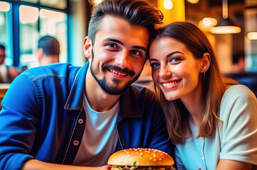 young couple sitting in a cafe and eating fast food. AI GENERATOR