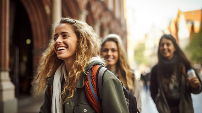 Friends exploring a new city during a study abroad program, student life, blurred background