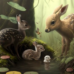 forest was filled with adorable baby rabbits fawns and ducklings  - obrazy, fototapety, plakaty