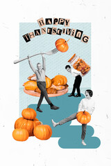 Collage greeting card of cheerful smiling people preparing thanksgiving day cooking bakery pastry...
