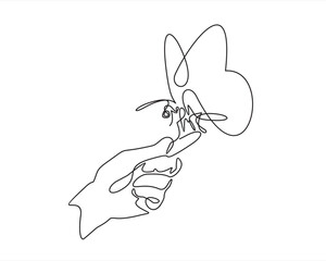 Single continuous line of hand holding butterfly on a white background. Black thin line of the hands with  butterfly. Freedom concept.