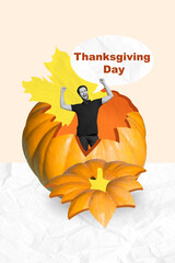 Postcard image collage of happy overjoyed cheerful guy in huge pumpkin celebrtae thanckgiving day isolated on drawing background