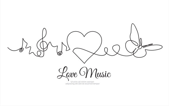 continuous line drawing of listening music wuth sound heart, notes and butterfly. Can used for logo, emblem, slide show and banner.