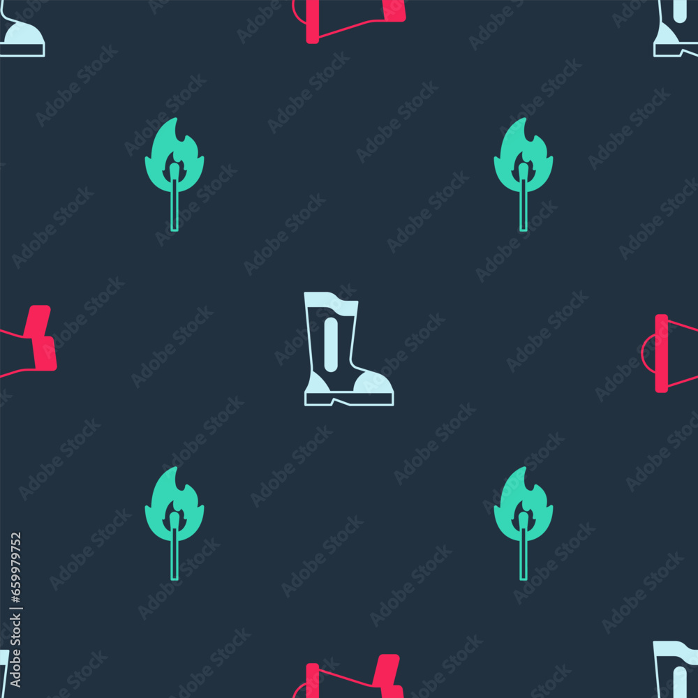 Sticker Set Megaphone, Fire boots and Burning match with fire on seamless pattern. Vector