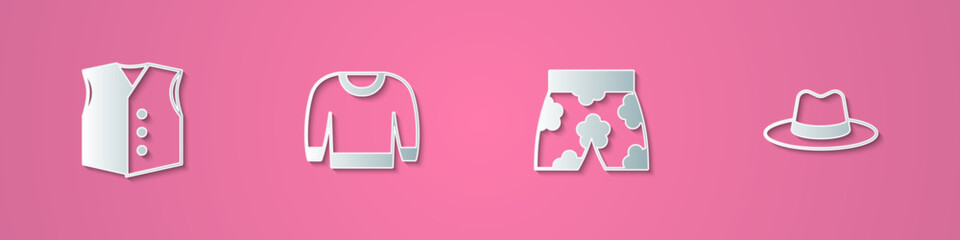 Set paper cut Waistcoat, Sweater, Swimming trunks and Man hat icon. Paper art style. Vector