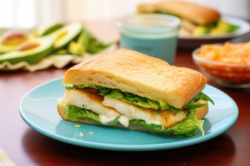 lightly toasted fish sandwich on a pastel plate