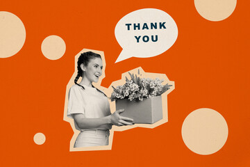 Collage picture image of cheerful cute girl giving gift congratulations and saying thank you...