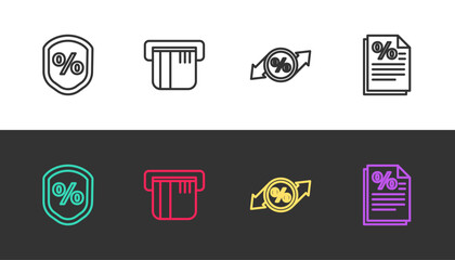 Set line Loan percent, Credit card, Discount tag and Finance document on black and white. Vector