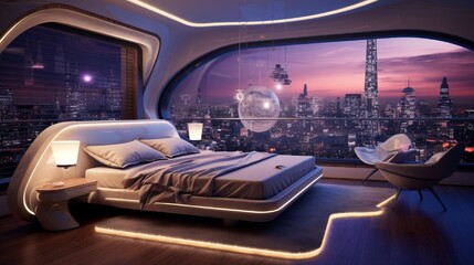 Obraz premium Craft a futuristic luxury bedroom with a floating bed, holographic decor, and a panoramic view of a bustling futuristic cityscape.
