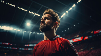 closeup portrait of an athlete before a match of the world cup or olympic games, bearded man posing...