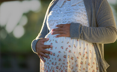 Side view close-up of pregnant woman touching her belly. Pregnancy health & wellbeing concept.