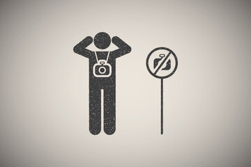 Photography, camera, no, angry pictogram icon vector illustration in stamp style