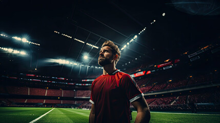 professional soccer player celebrating a victory under the stadium lights, cinematic color light,...