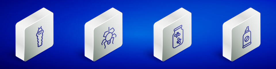 Set Isometric line Larva insect, Spider, Fireflies bugs jar and Spray against insects icon. Vector
