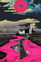 A surreal landscape with a pink river that winds through the image and leads to a two-story house that is black and white. The sky is cloudy with a large pink disc.  