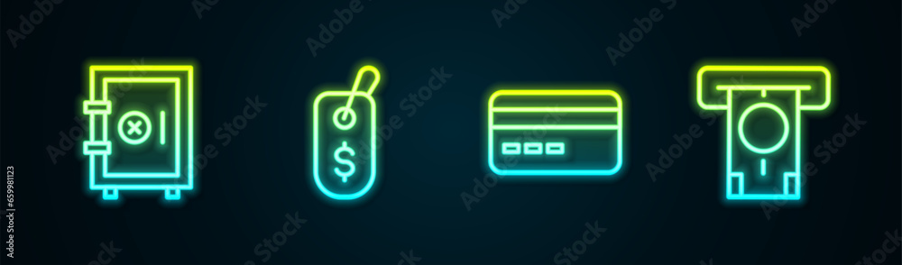 Poster set line safe, price tag with dollar, credit card and atm and money. glowing neon icon. vector