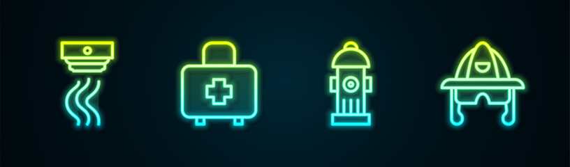 Set line Smoke alarm system, First aid kit, Fire hydrant and Firefighter helmet. Glowing neon icon. Vector - obrazy, fototapety, plakaty