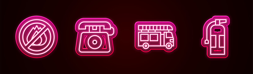 Set line No fire, Telephone call 911, Fire truck and extinguisher. Glowing neon icon. Vector