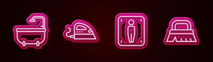 Set line Bathtub, Electric iron, Male toilet and Brush for cleaning. Glowing neon icon. Vector