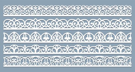 Lace pattern elements. Vintage seamless figured lace borders, beautiful wedding lace decoration. Black lace borders vector illustration set. Seamless black gorgeous stripe, delicate simple pattern